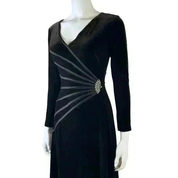 Tadashi Vintage Dark Brown Velour Evening Gown S Long Sleeve Rhinestone Dress - Picture 5 of 11